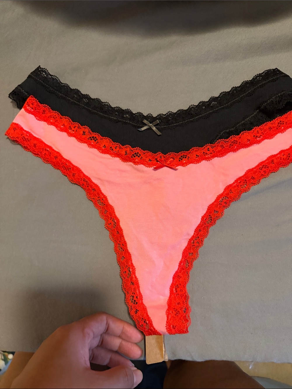 SKIMS Lace-Trim Thong - Black and Pink